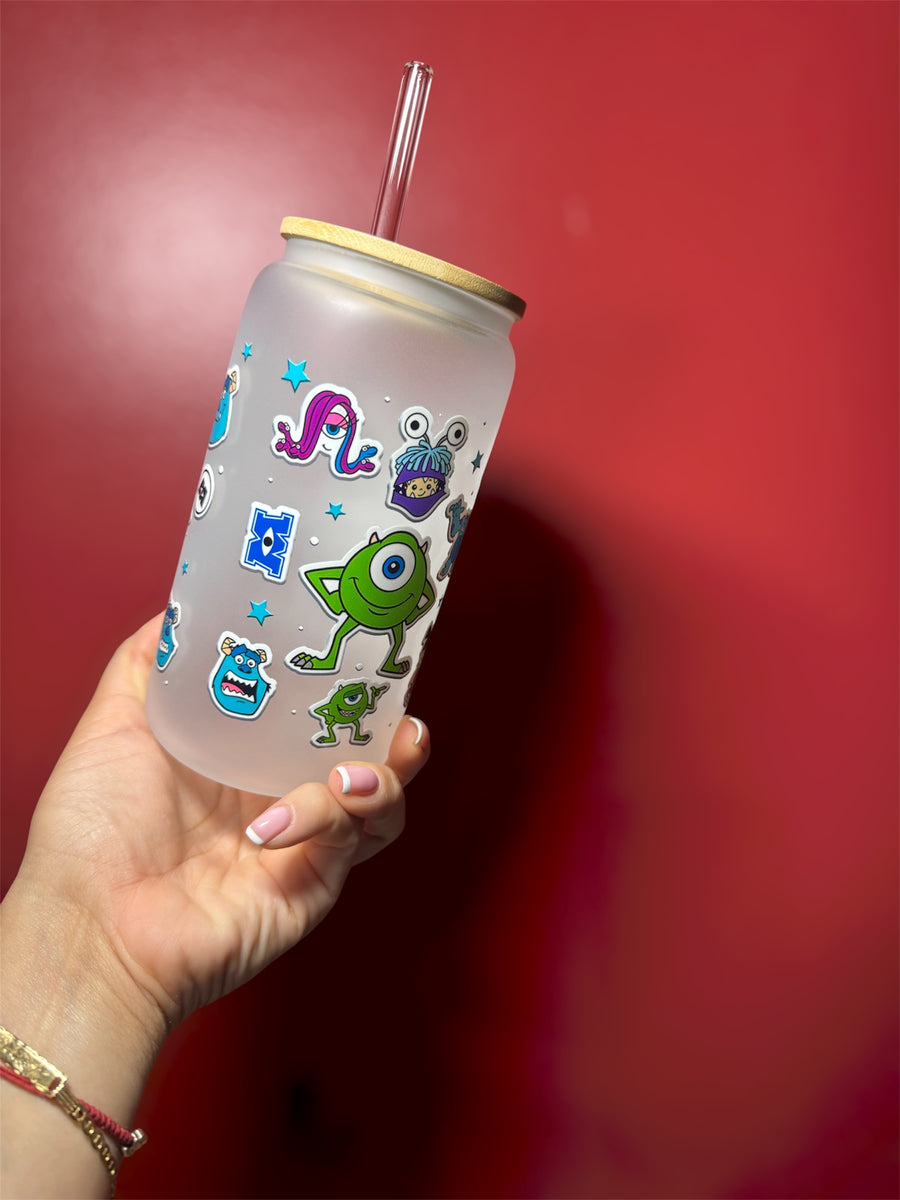 Custom Frosted Glass Can Cup Monster | 16oz with glass Straw