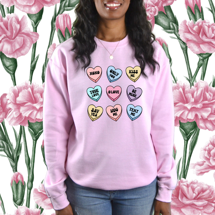 Valentine's Day Candy Hearts Sweatshirt – Pink & White Crewneck
