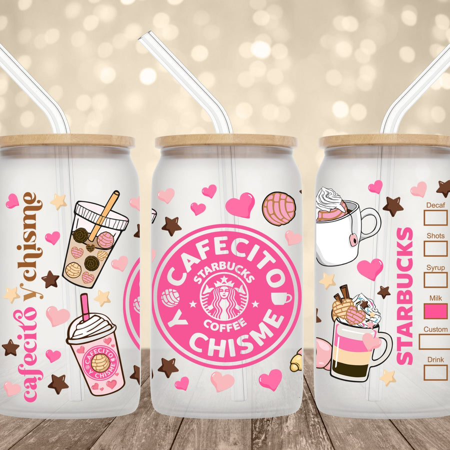 Cafecito y Chisme Glass Can Cup – 16oz Frosted Iced Coffee Glass