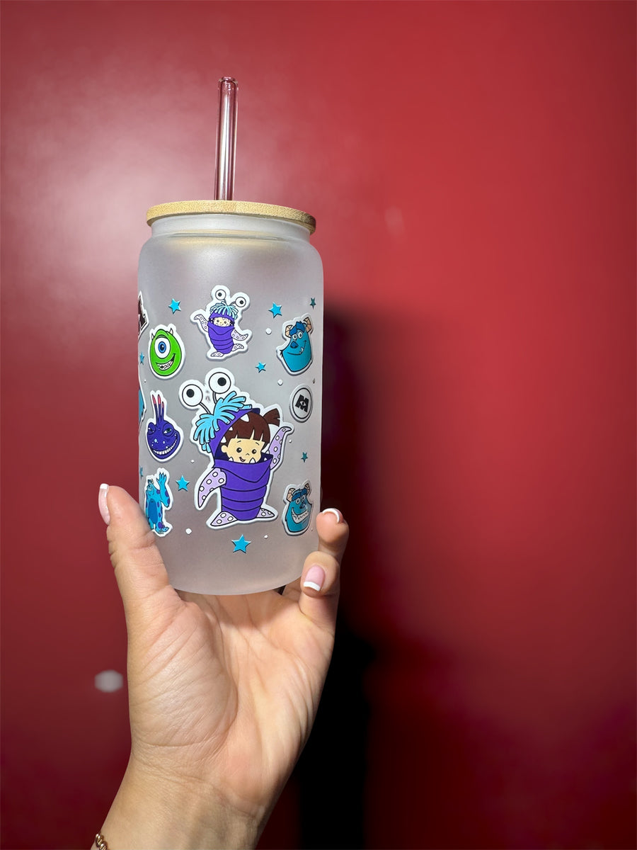 Custom Frosted Glass Can Cup Monster | 16oz with glass Straw