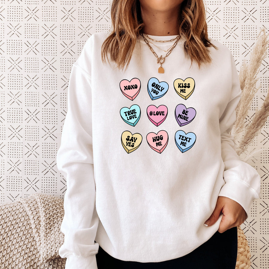 Valentine's Day Candy Hearts Sweatshirt – Pink & White Crewneck