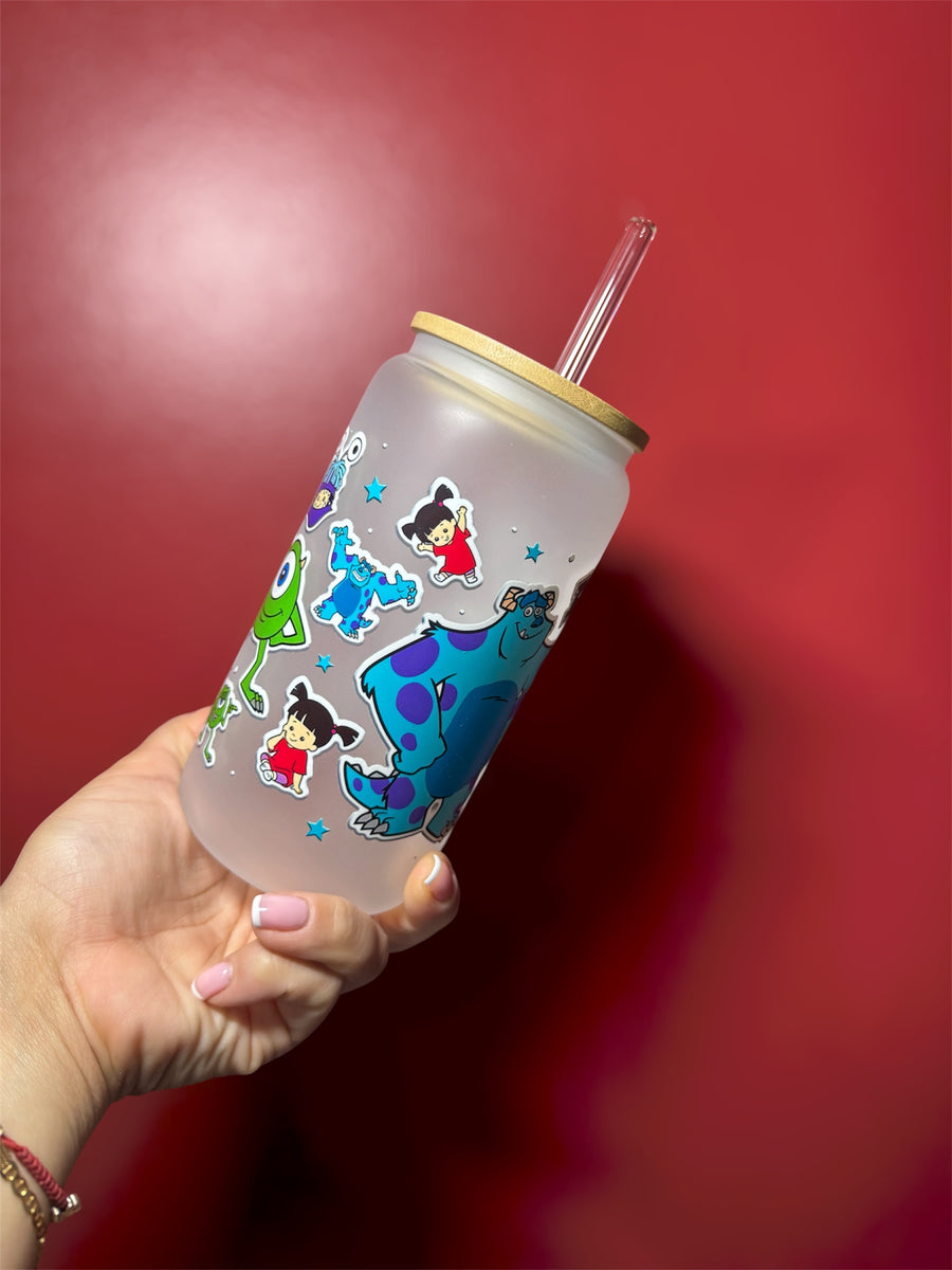 Custom Frosted Glass Can Cup Monster | 16oz with glass Straw