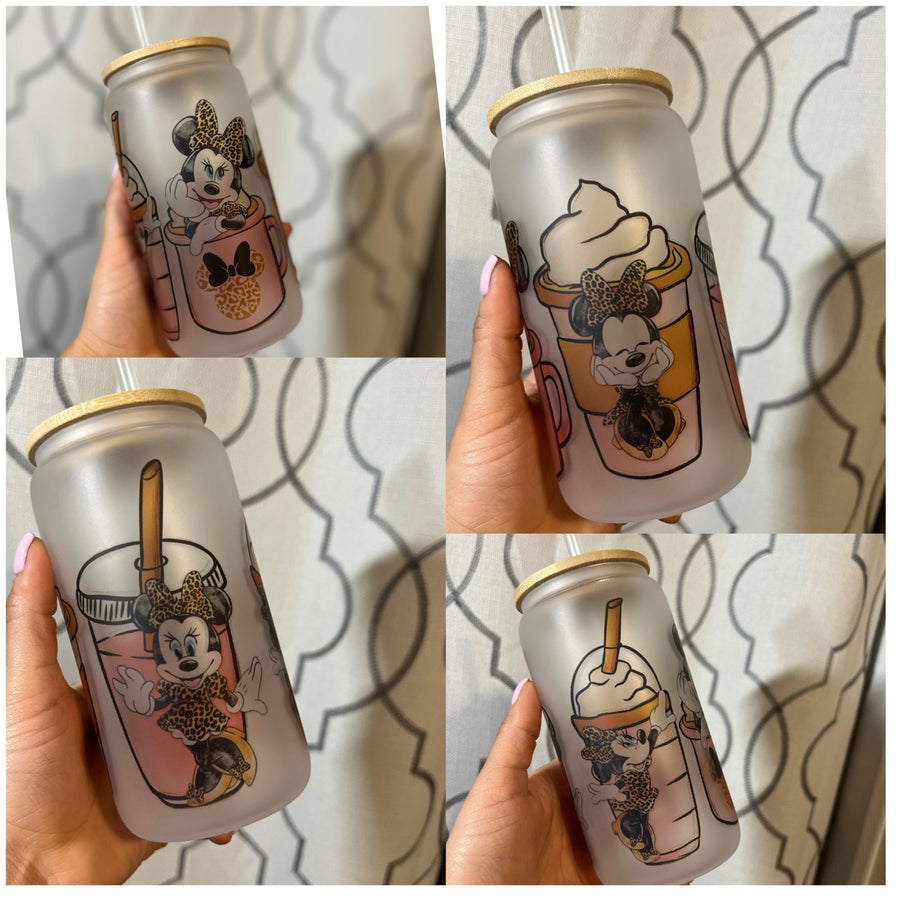 Leopard Glass Can – 16oz Frosted Cup with Straw