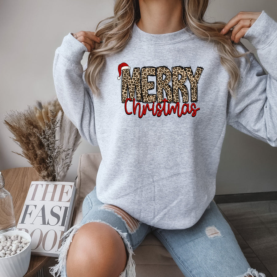 Merry Christmas Leopard Print Sweatshirt – Festive Holiday Crewneck for Women