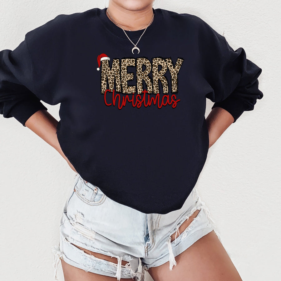Merry Christmas Leopard Print Sweatshirt – Festive Holiday Crewneck for Women